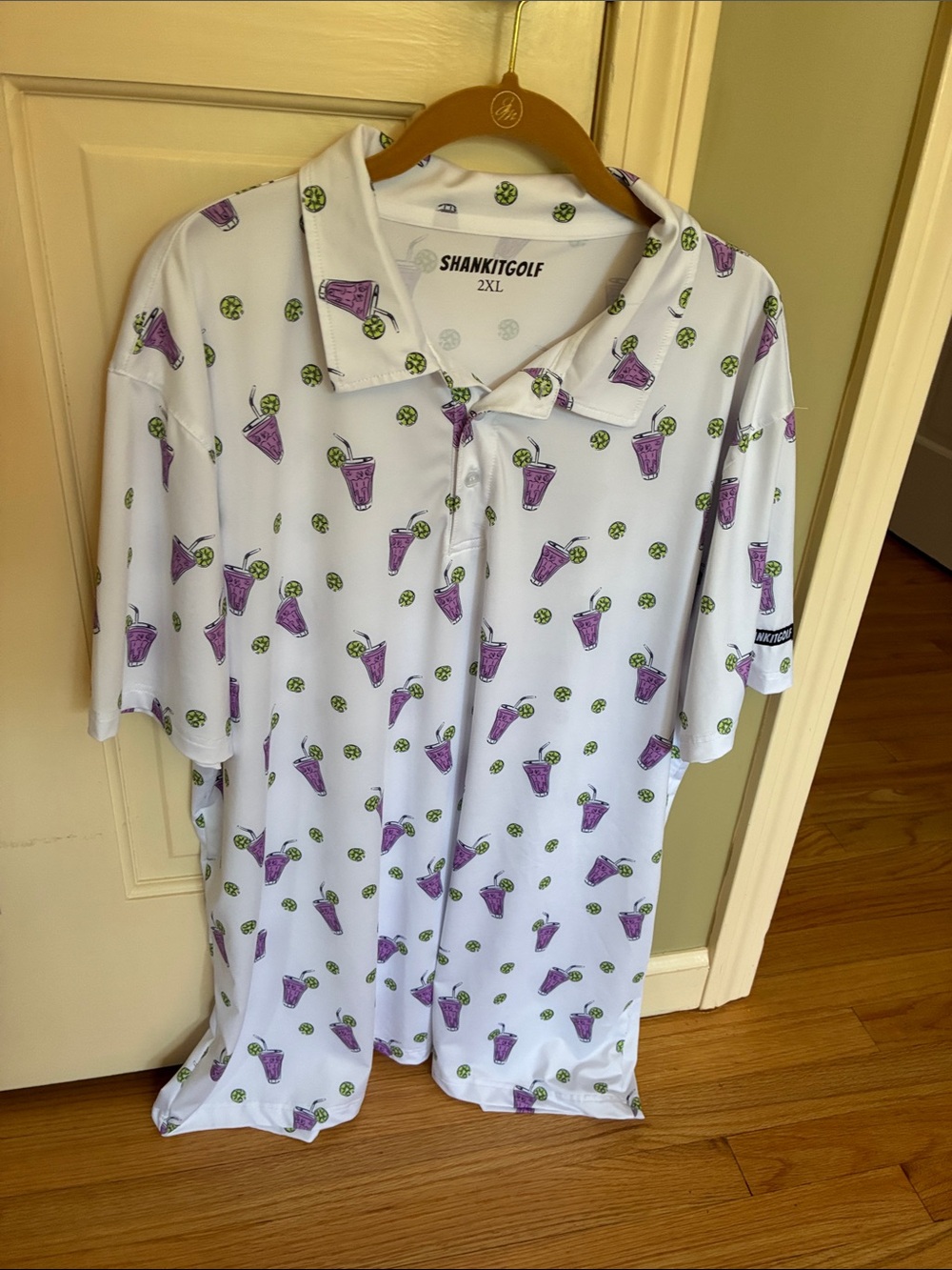 Mens White Polo with Purple Drink Print -Shank It Golf